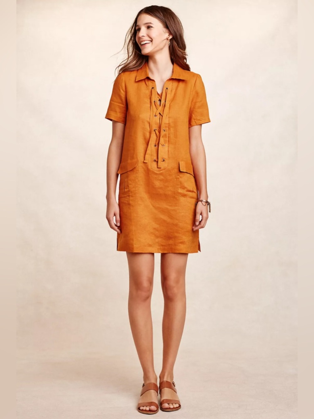 Maeve Anthropologie Linen Lace-Up Short Sleeve Dress